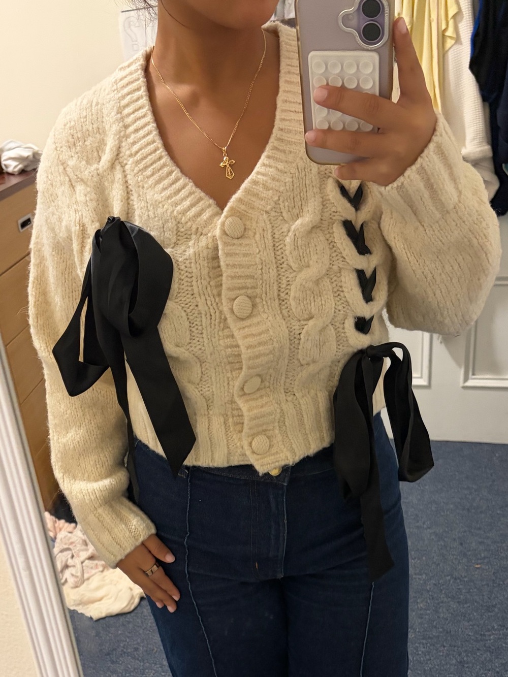 Cream Cable-Knit Cardigan with Black Ribbon Accents - Women